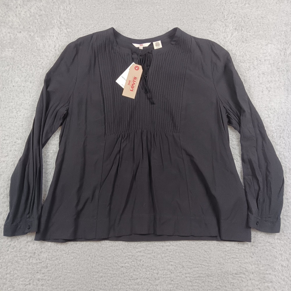 Levi's Blouse Pleated Bib Tie Neck Womens XL Gray Long Sleeve NWT 346190002
